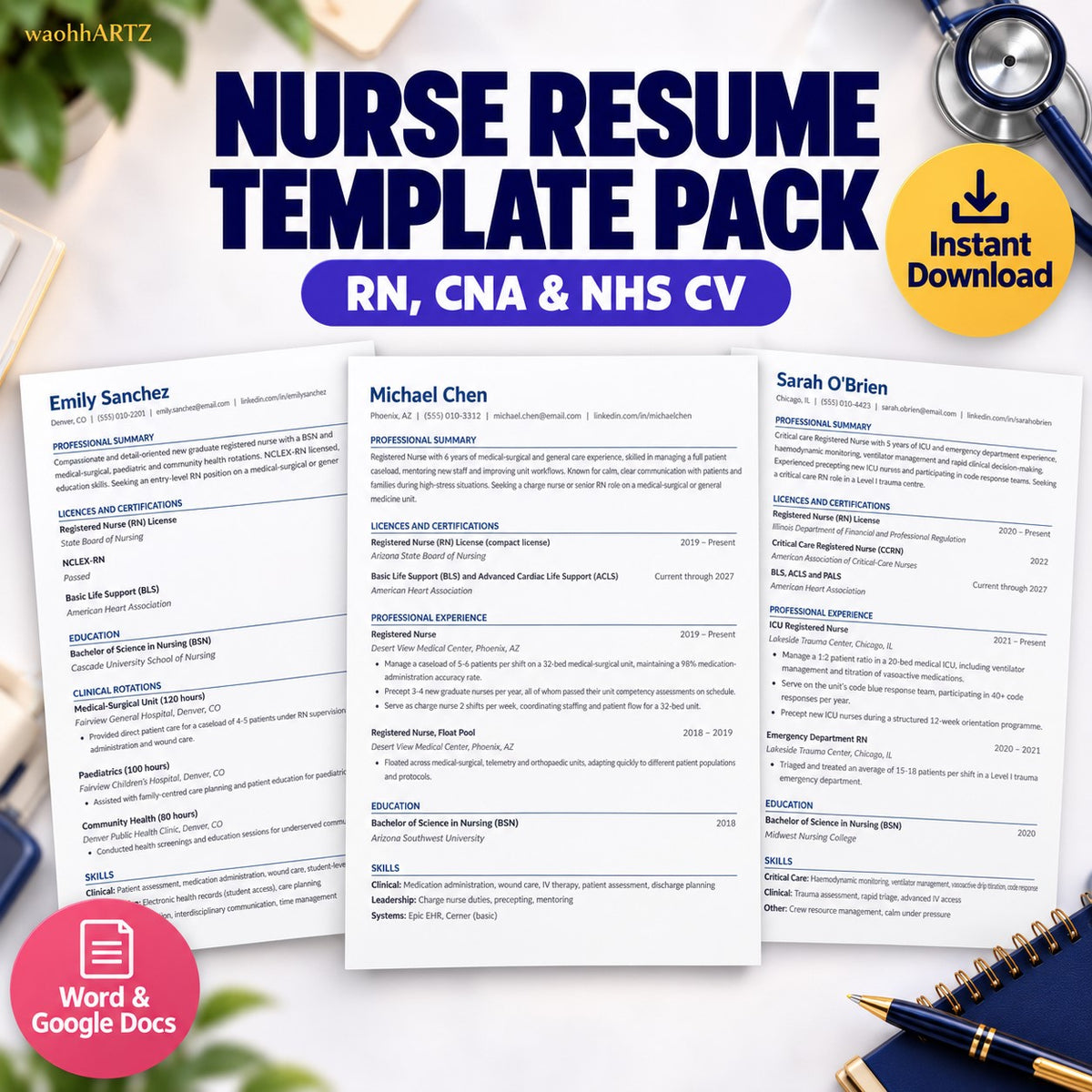Nurse resume template RN CNA new grad NHS CV Word Google Docs