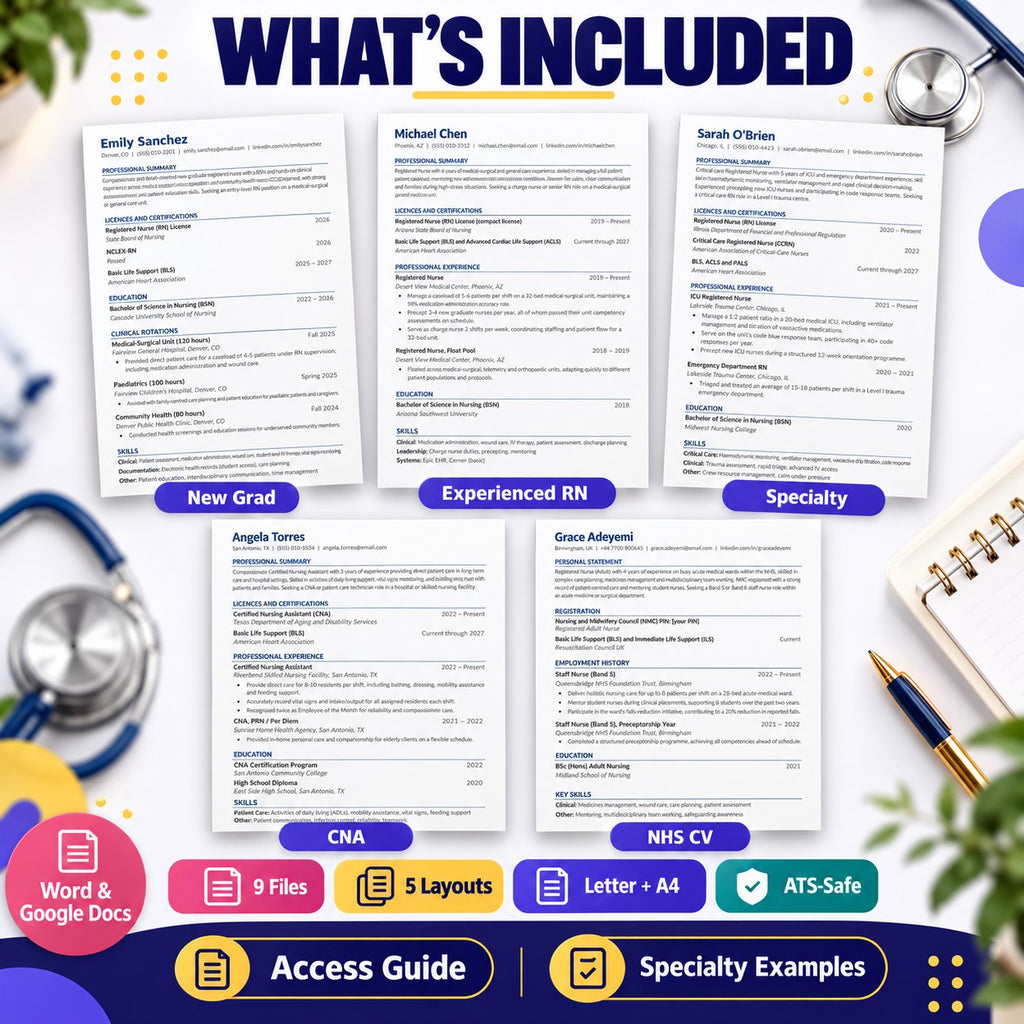 Five nurse resume layouts new grad experienced RN specialty CNA NHS