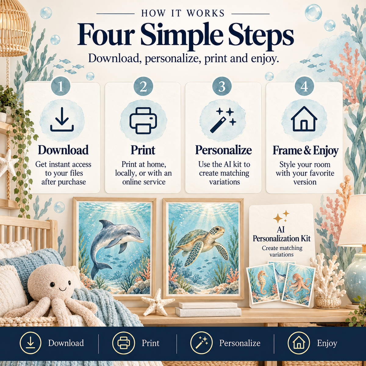 How to use ocean nursery wall art: download, print, personalize with the AI kit and frame