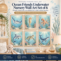 Ocean nursery wall art set of 6 with watercolor whale, turtle, dolphin, octopus, seahorse and manta ray prints