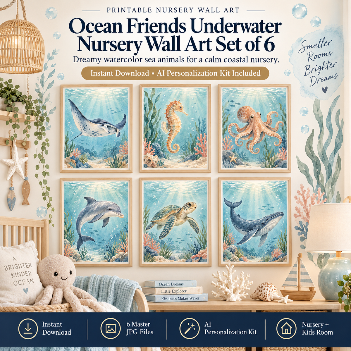 Ocean nursery wall art set of 6 with watercolor whale, turtle, dolphin, octopus, seahorse and manta ray prints