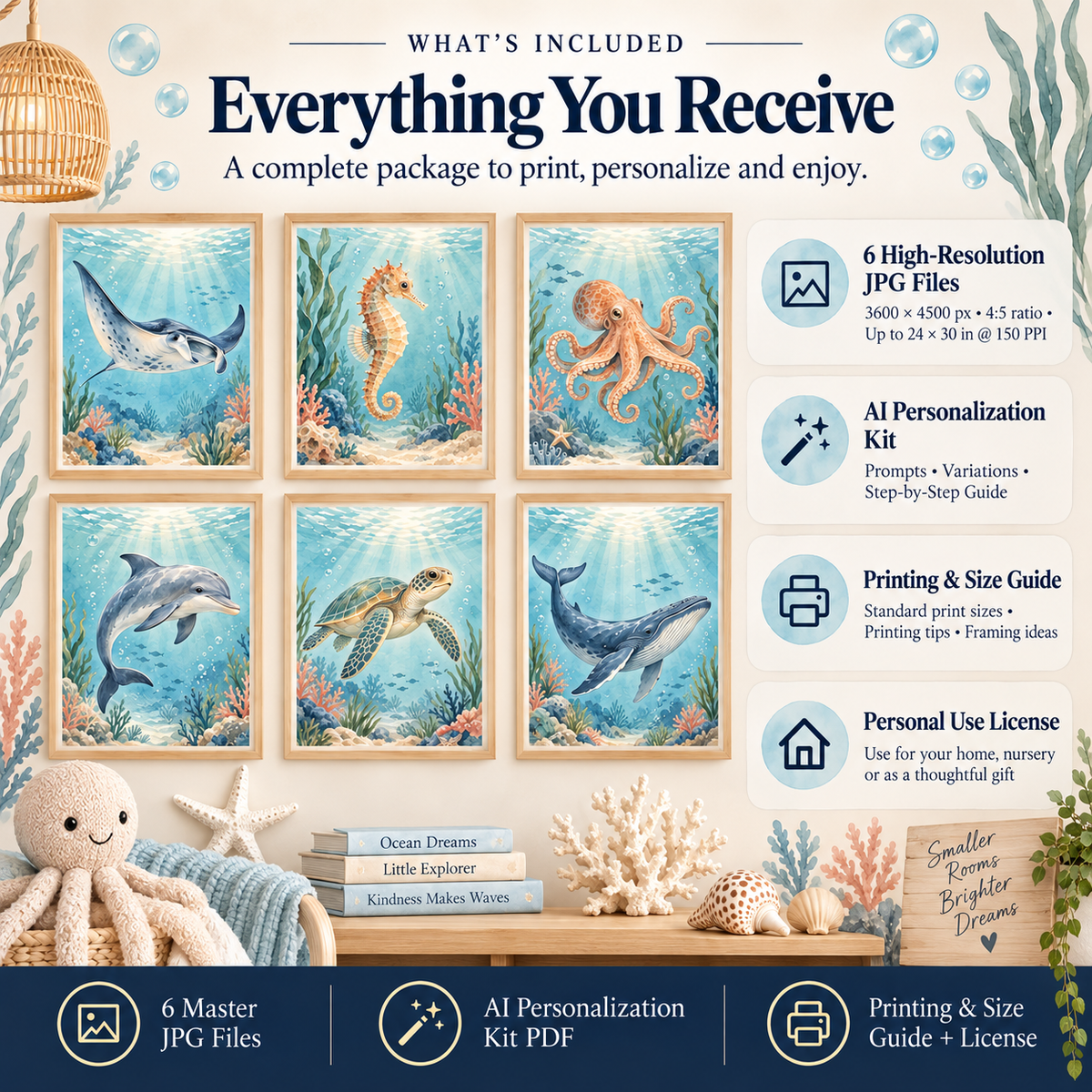 Ocean nursery wall art files with six 3600 by 4500 px 4:5 master JPGs, AI Personalized Kit and printing guide