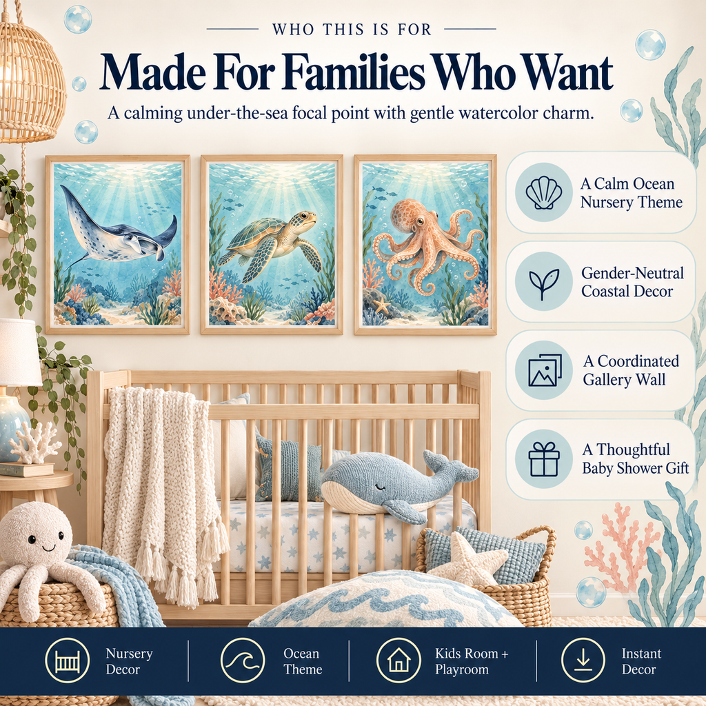 Ocean nursery wall art for coastal nurseries, toddler rooms, kids bedrooms and playrooms in calming watercolor style