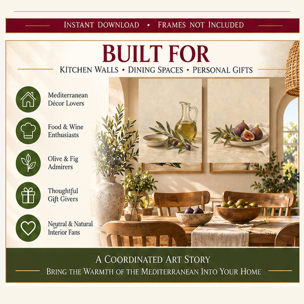 Olive and Fig Table styling ideas for kitchen walls, dining spaces and personal gifts, using the coordinated olive oil and fig printable artworks.