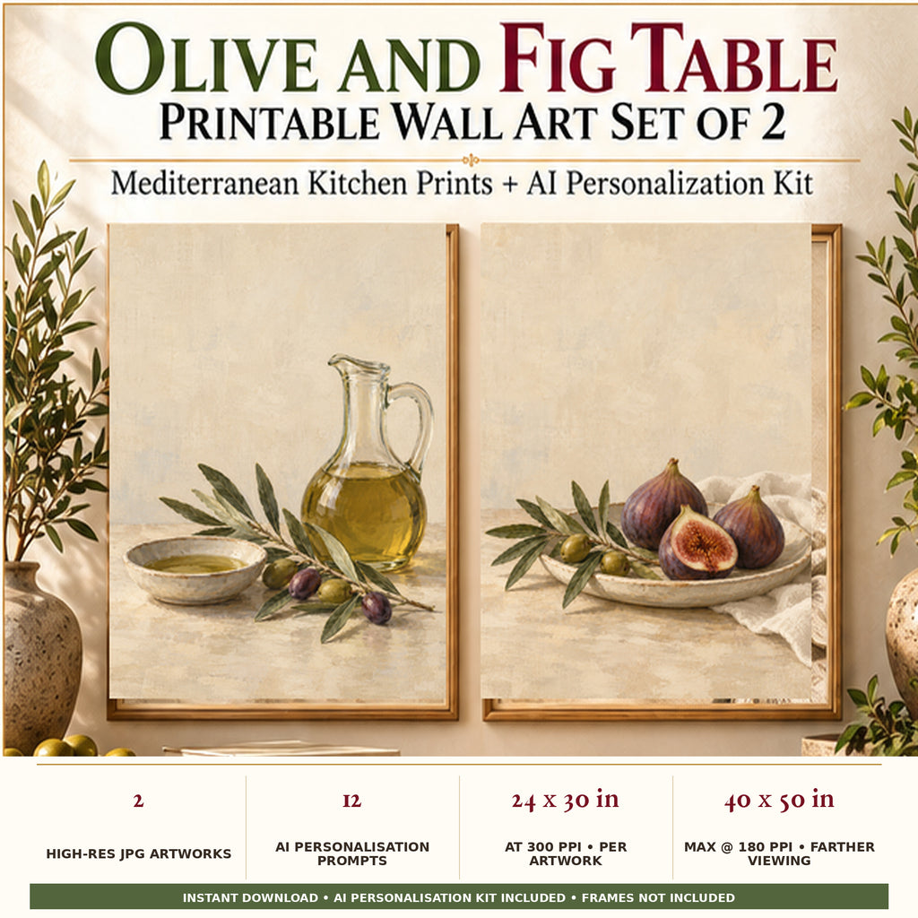 Olive and Fig Table set of 2 printable Mediterranean still-life artworks displayed in a warm kitchen and dining setting, with AI Personalisation Kit and 24 by 30 inch 300 PPI print specification.