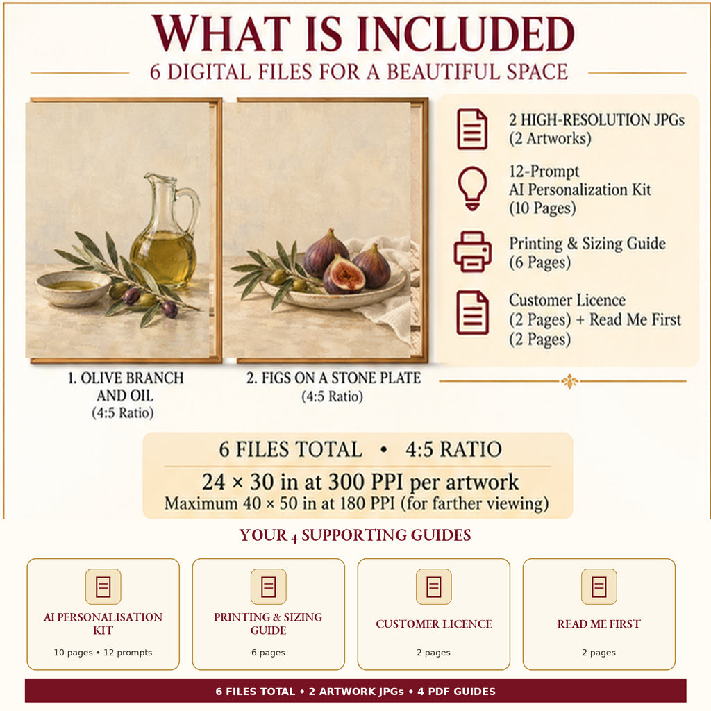 Olive and Fig Table download contents showing 2 high-resolution JPG artworks plus the 12-prompt AI Personalisation Kit, Printing and Sizing Guide, Customer Licence and Read Me.