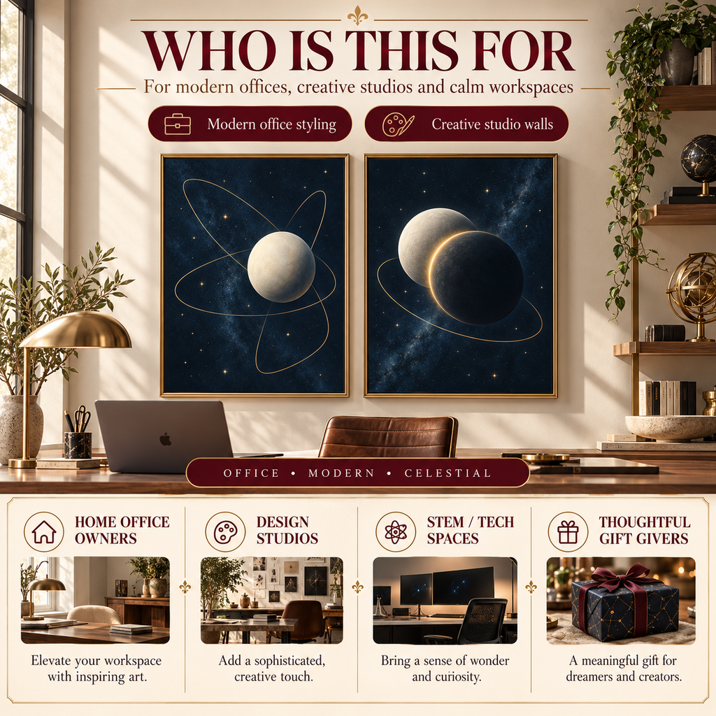 Orbital Studies printable wall art displayed in a modern office for home offices, creative studios and STEM or technology workspaces.