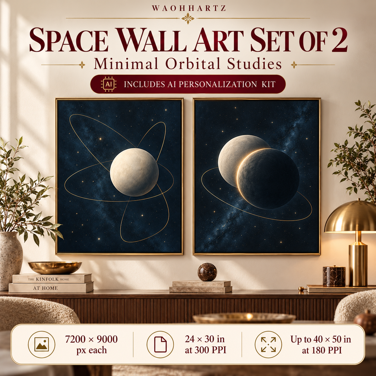 Space wall art set of 2 hero image showing minimal orbital studies printable art with 7200 by 9000 pixel files, 24 by 30 inches at 300 PPI and up to 40 by 50 inches at 180 PPI.