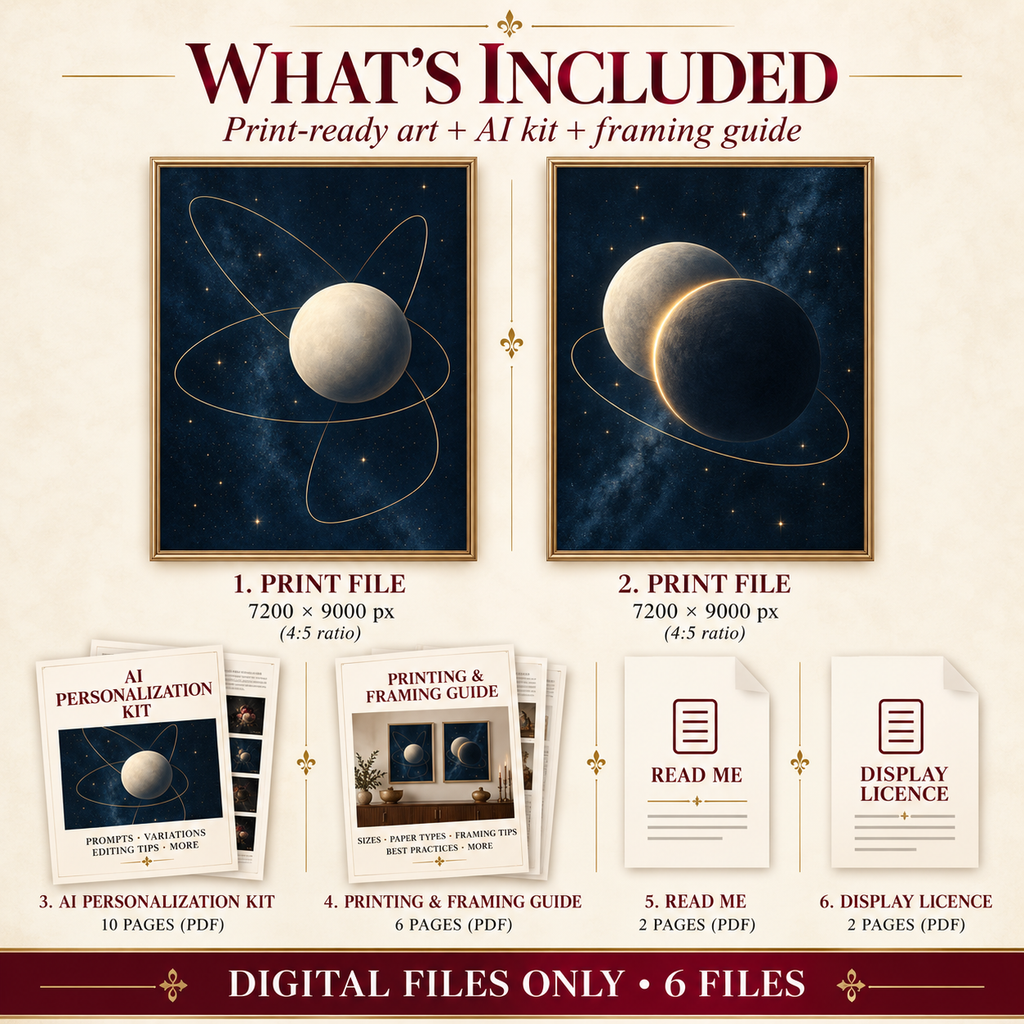 Orbital Studies digital download contents with two 4 to 5 artwork masters, AI Personalization Kit, Printing and Framing Guide, Read Me and Display Licence.