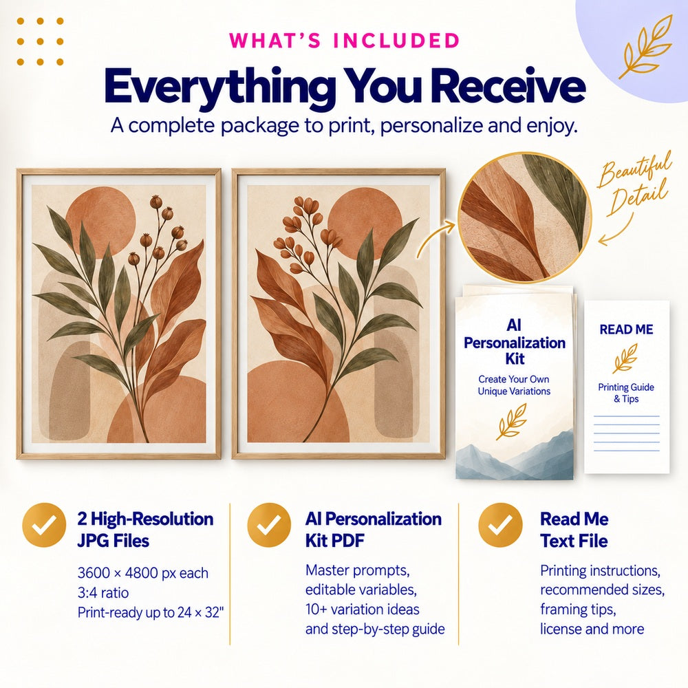 Terracotta botanical wall art set includes two 3600x4800 JPG files AI Personalization Kit and Read Me guide