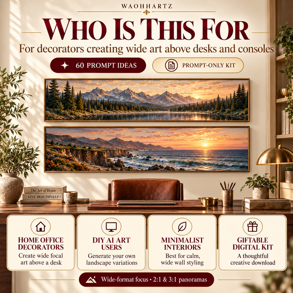 Panoramic Desk Wall Landscapes AI art prompt kit shown for home office decorators, DIY AI art users and minimalist interiors creating wide wall art above desks and consoles.
