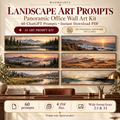 Landscape Art Prompts panoramic office wall art kit showing 60 ChatGPT prompts, 4 PDF files and wide-format 2 to 1 and 3 to 1 landscape examples. Prompt-only digital product; no finished artwork included.