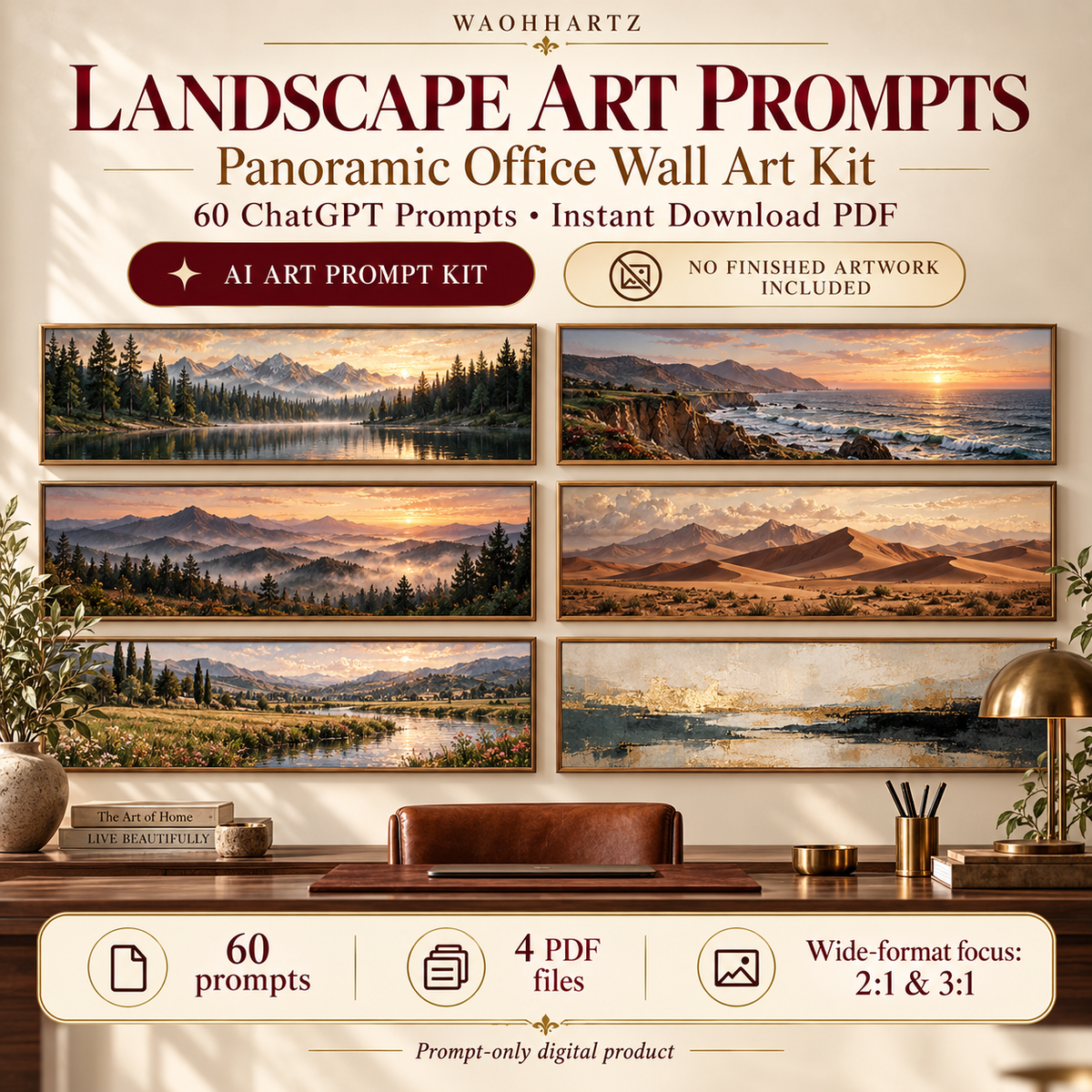 Landscape Art Prompts panoramic office wall art kit showing 60 ChatGPT prompts, 4 PDF files and wide-format 2 to 1 and 3 to 1 landscape examples. Prompt-only digital product; no finished artwork included.