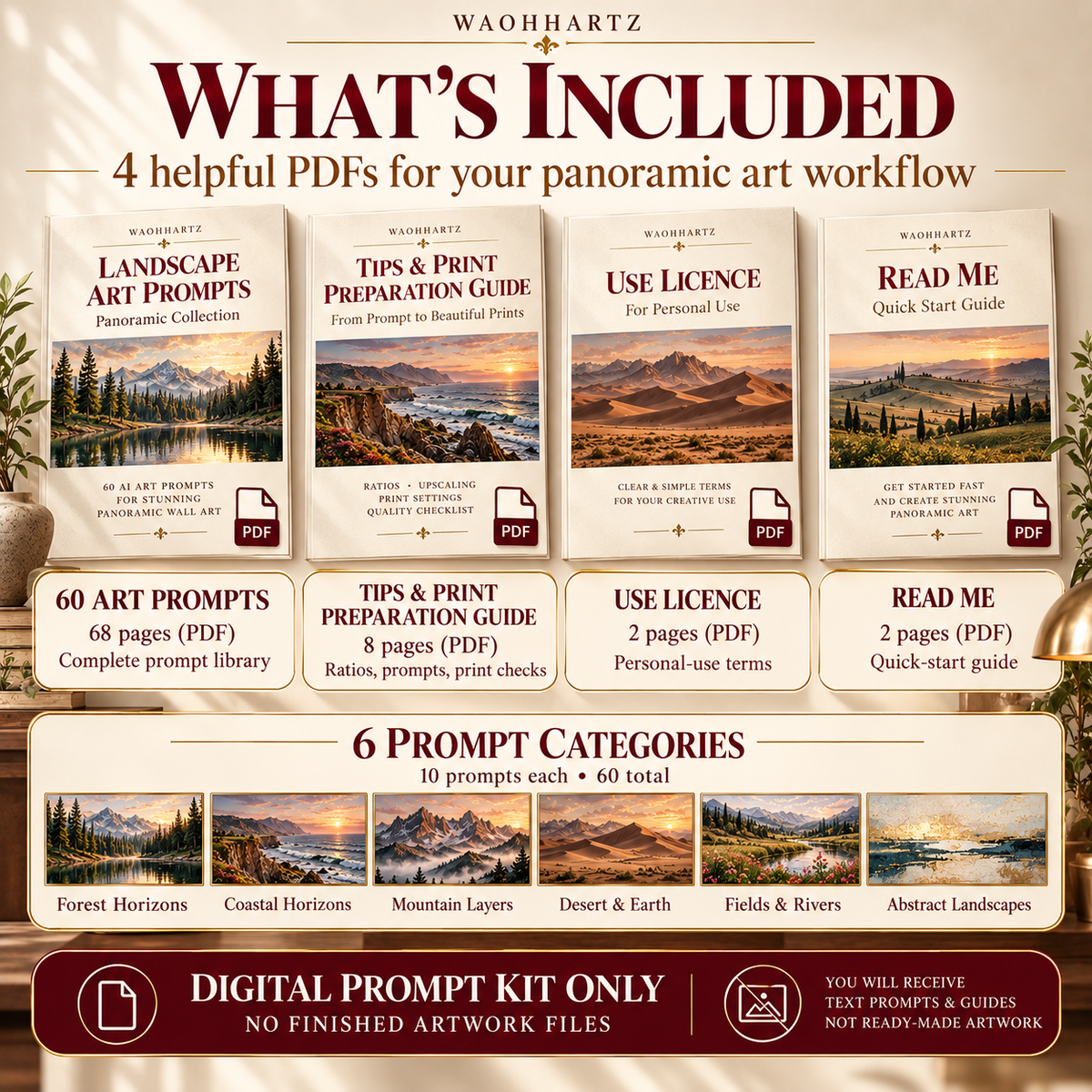 What’s included image for the Panoramic Desk Wall Landscapes prompt kit showing 60 art prompts, tips and print preparation guide, use licence and Read Me PDFs, with six landscape prompt categories.