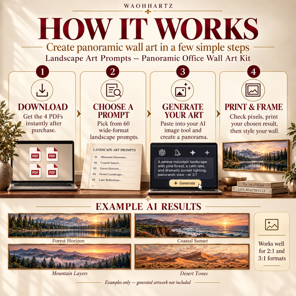 How it works image for Panoramic Desk Wall Landscapes showing download, choose a prompt, generate your art, then check pixels, print and frame, with example AI panorama results.
