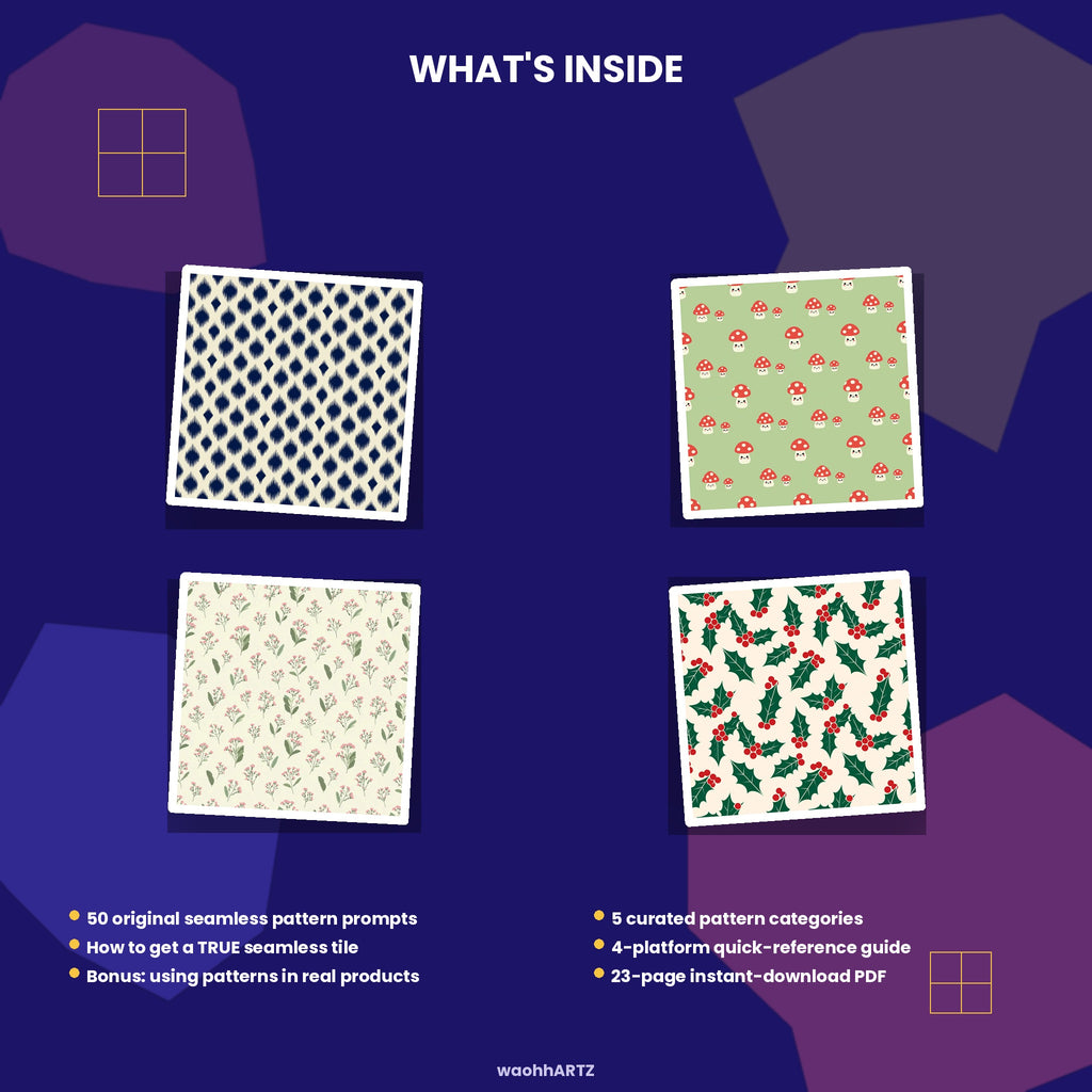 50 Seamless Pattern Design AI Prompts — Midjourney, DALL-E, Stable Diffusion — Instant Download PDF