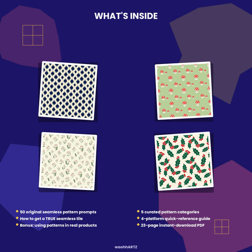 50 Seamless Pattern Design AI Prompts — Midjourney, DALL-E, Stable Diffusion — Instant Download PDF