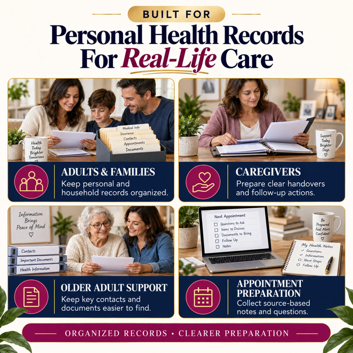 Personal health records organizer for adults families caregivers older adult support and appointment preparation