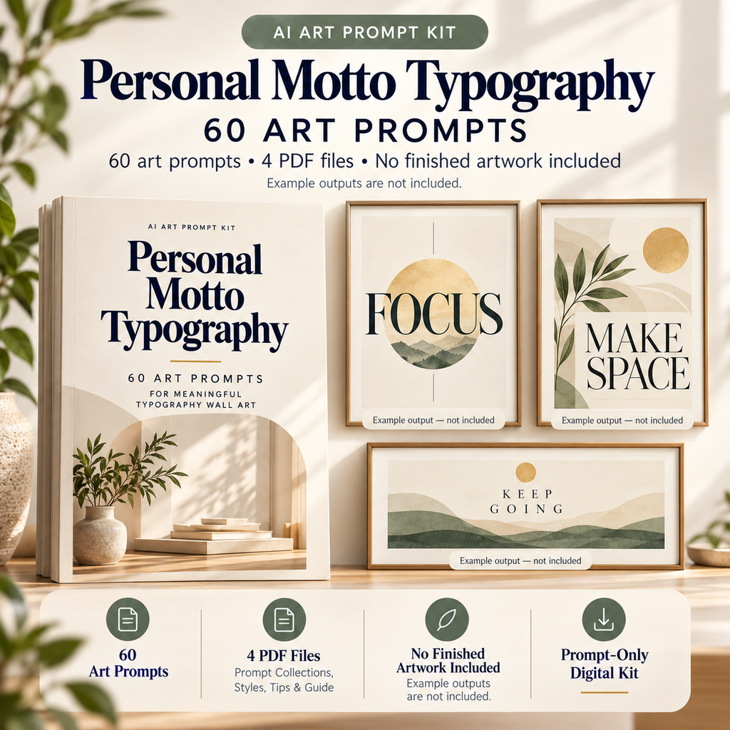 Personal Motto Typography AI art prompt kit overview with labelled example artwork; no finished art included.