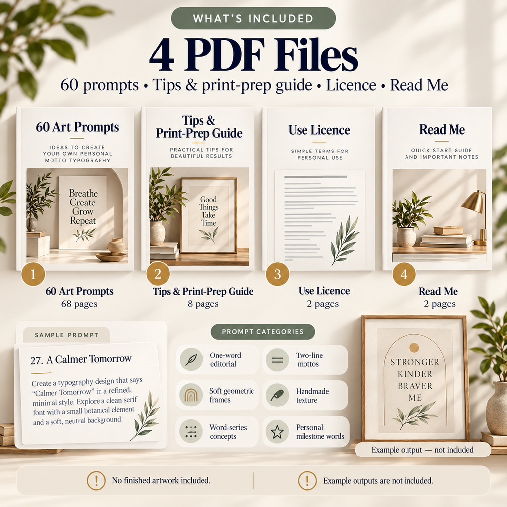 Personal Motto Typography AI art prompt kit PDF file contents with labelled example artwork; no finished art included.
