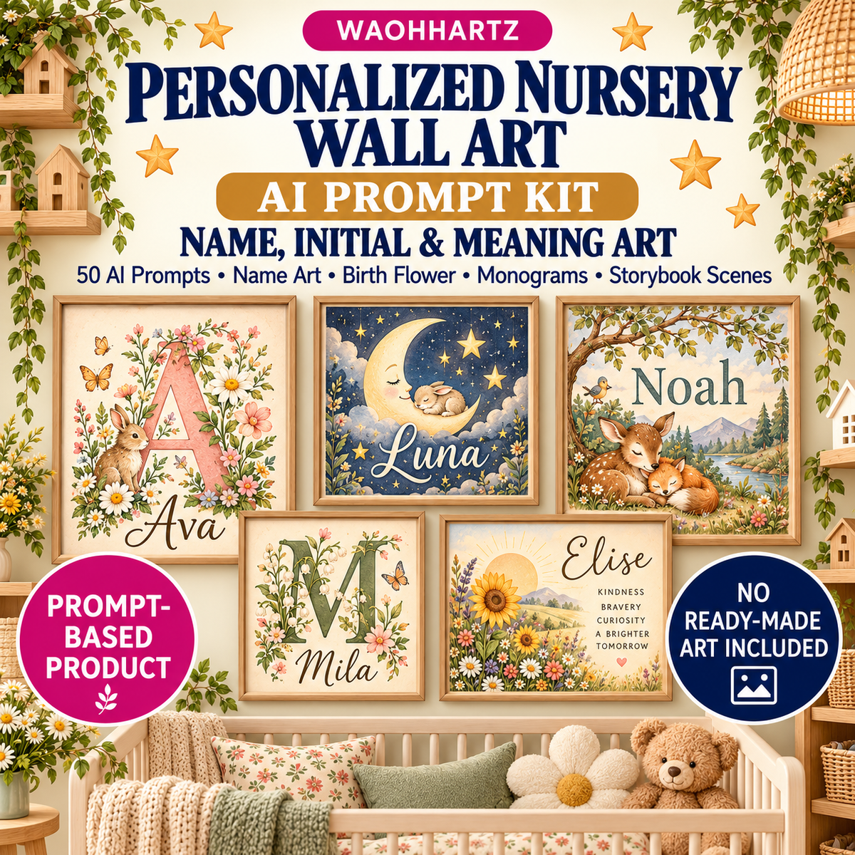 Personalized nursery wall art AI prompt kit with baby name art initials monograms and meaning-inspired nursery artwork
