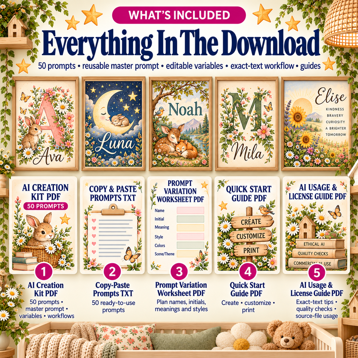 Personalized nursery wall art AI prompt kit contents with 50 prompts worksheet quick start guide and usage license guide