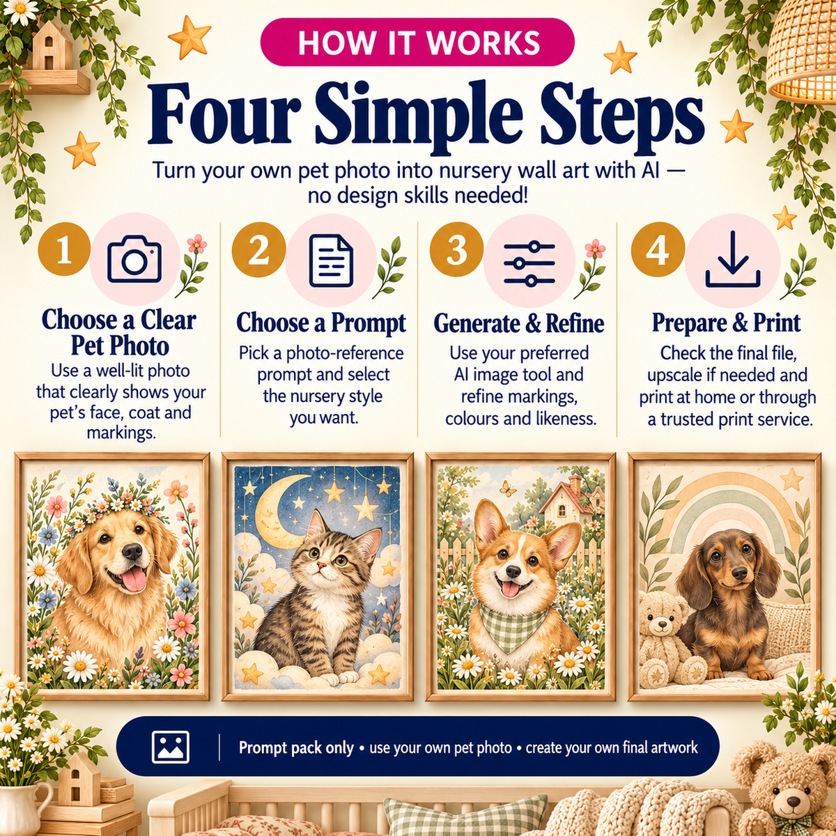 How to turn your own pet photo into personalized nursery wall art with AI prompts in four simple steps