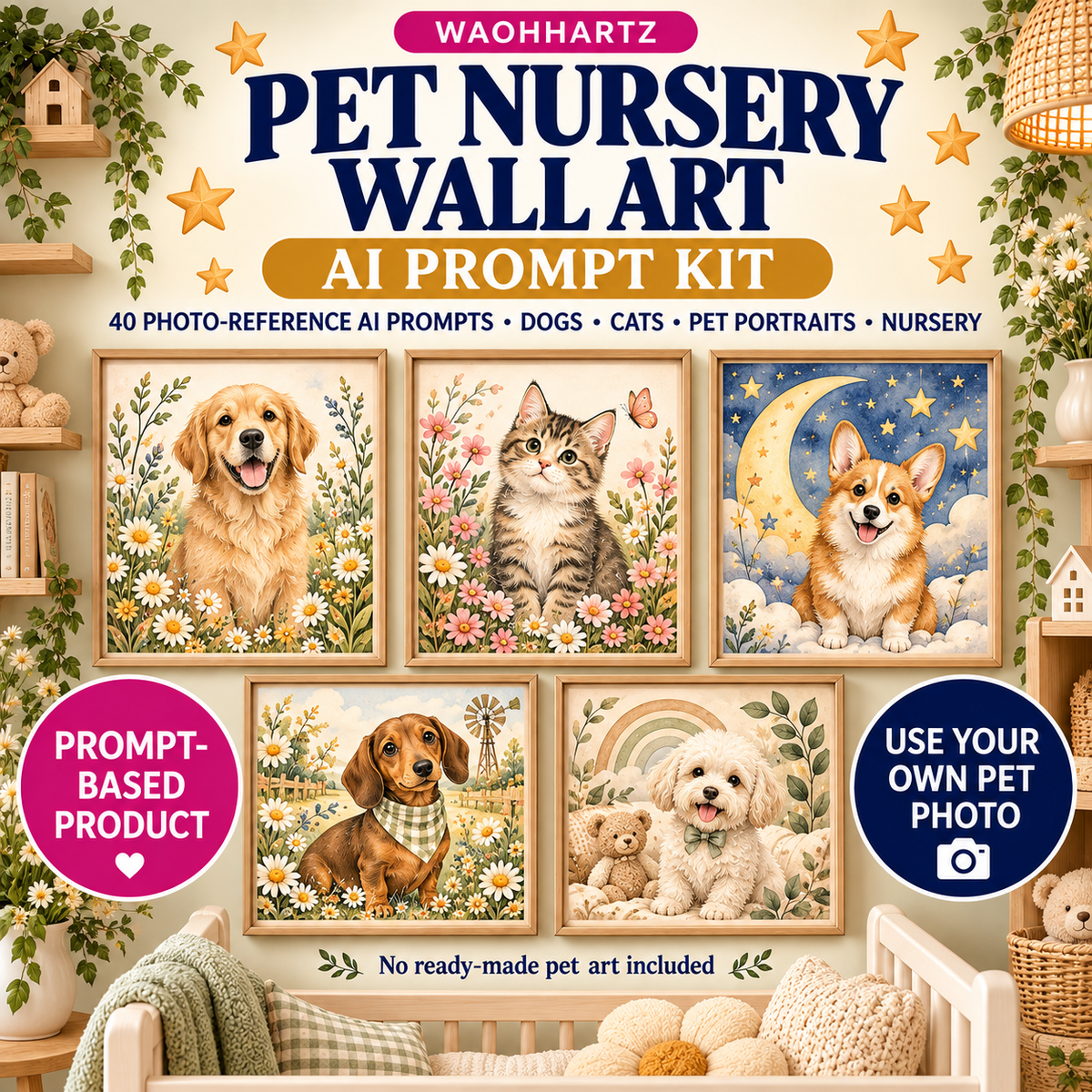 Pet nursery wall art AI prompt kit with 40 photo reference prompts for personalized dog cat and pet portraits