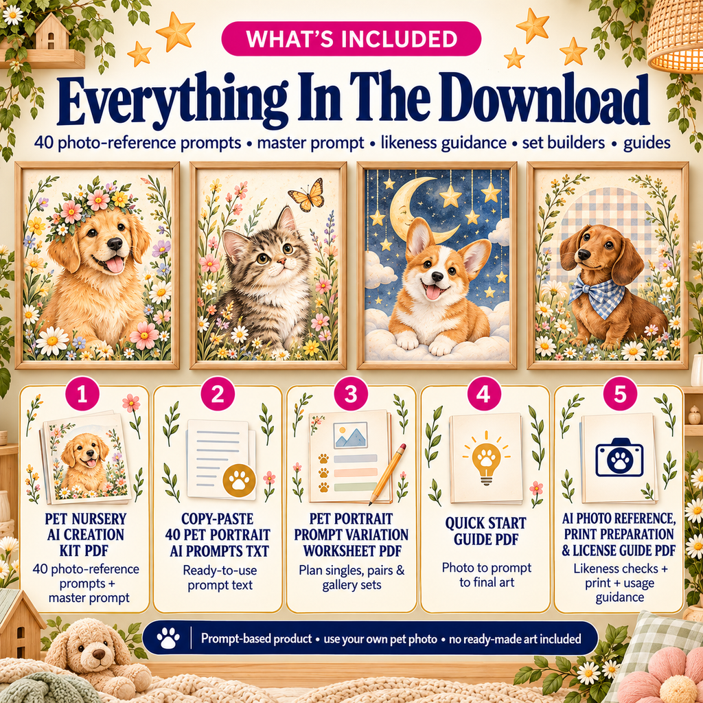 Pet nursery wall art AI prompt kit contents with 40 photo reference prompts worksheet quick start and license guides