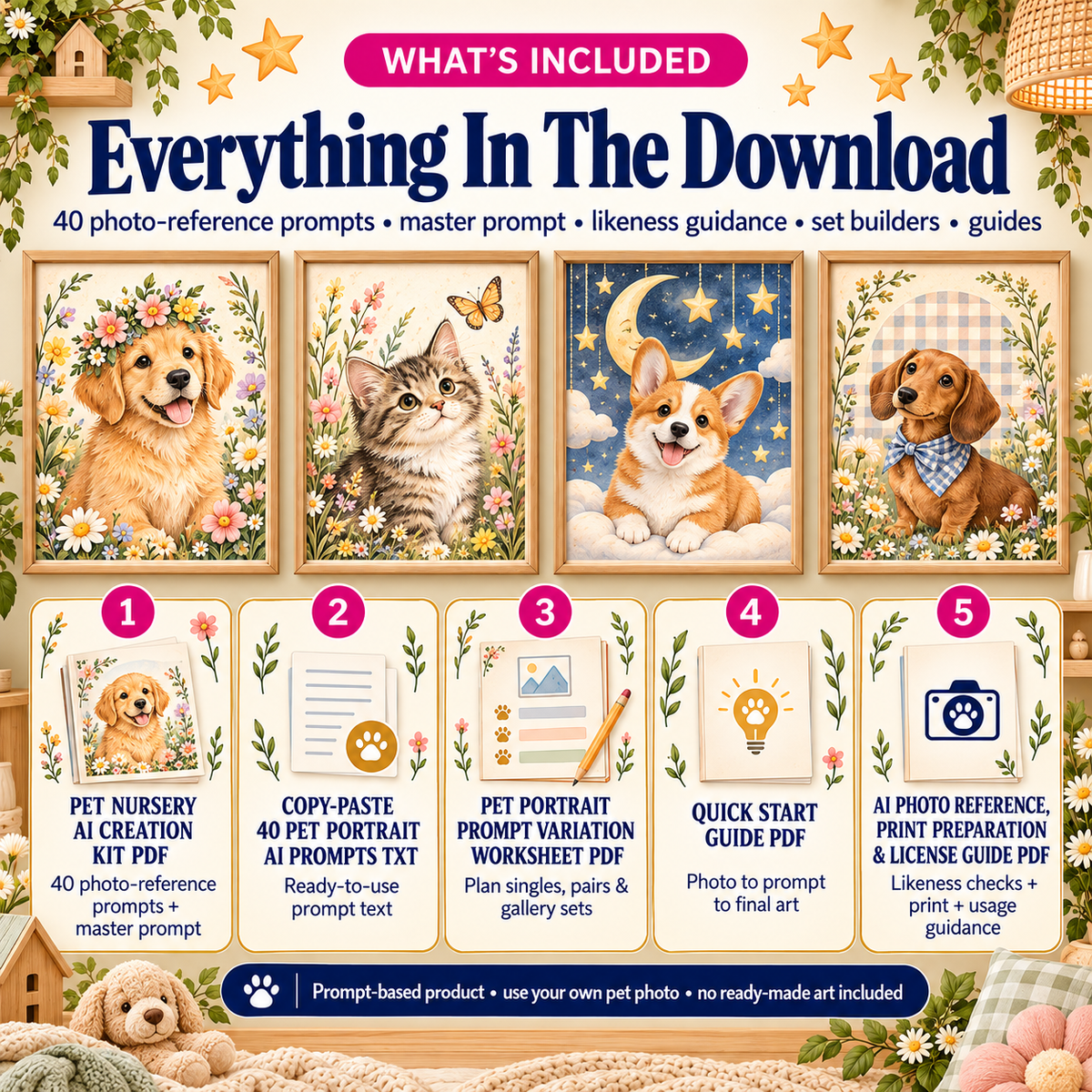Pet nursery wall art AI prompt kit contents with 40 photo reference prompts worksheet quick start and license guides