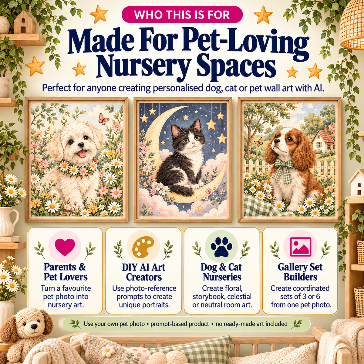 Pet nursery wall art AI prompts for parents pet lovers dog cat nurseries and personalized gallery set creators