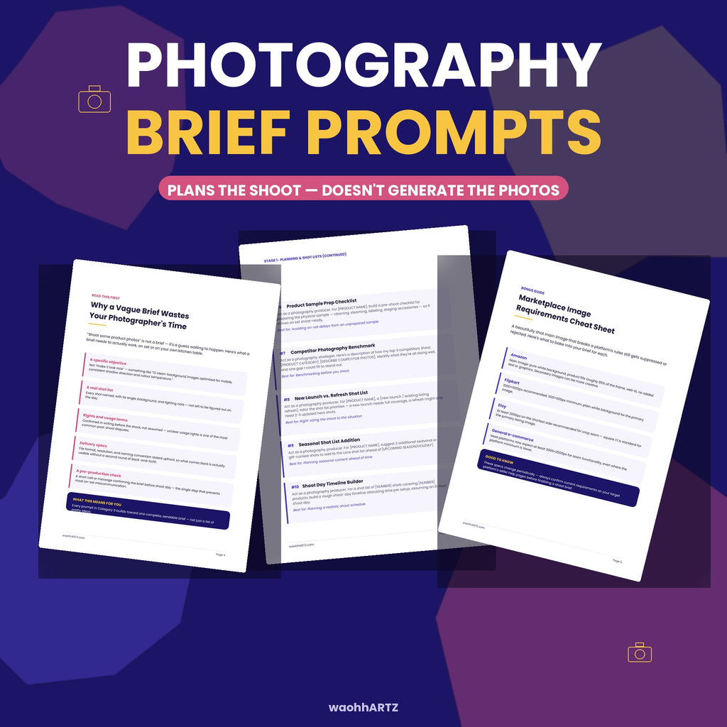 50 Product Photography Brief ChatGPT Prompts — Shot Lists, Direction & Briefs — Instant Download PDF