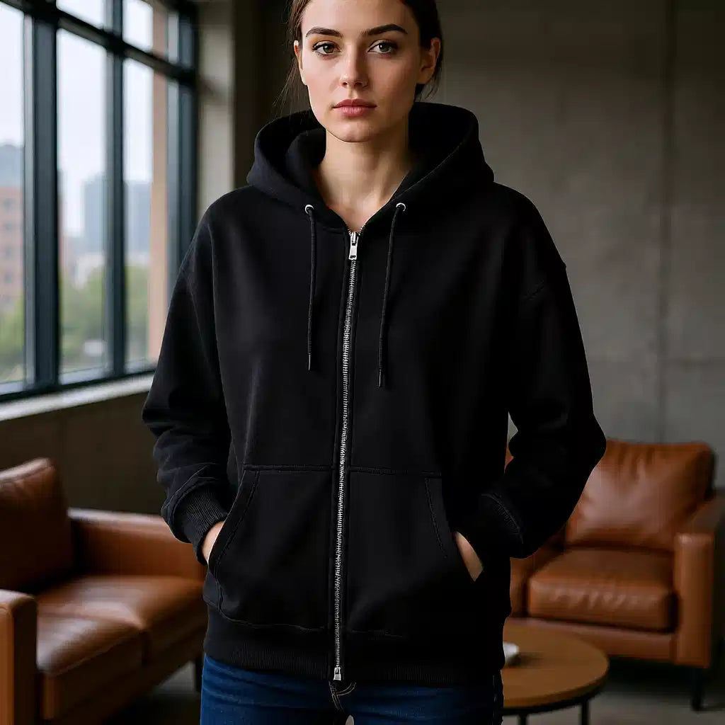 a young women wearing plain black zipper hoodie