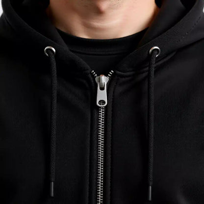 close up of plain black zipper hoodie