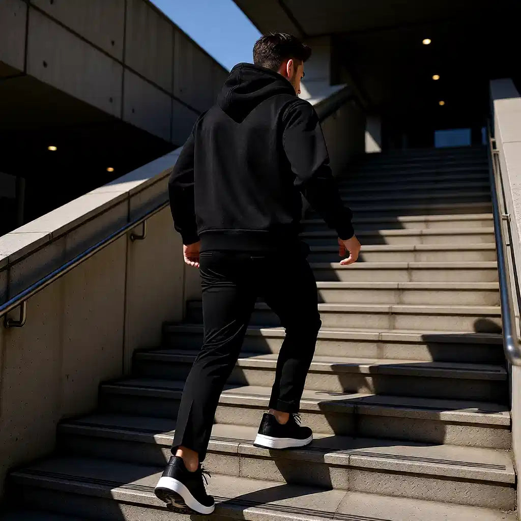 a men walking on stairs wearing plain black zipper hoodie 