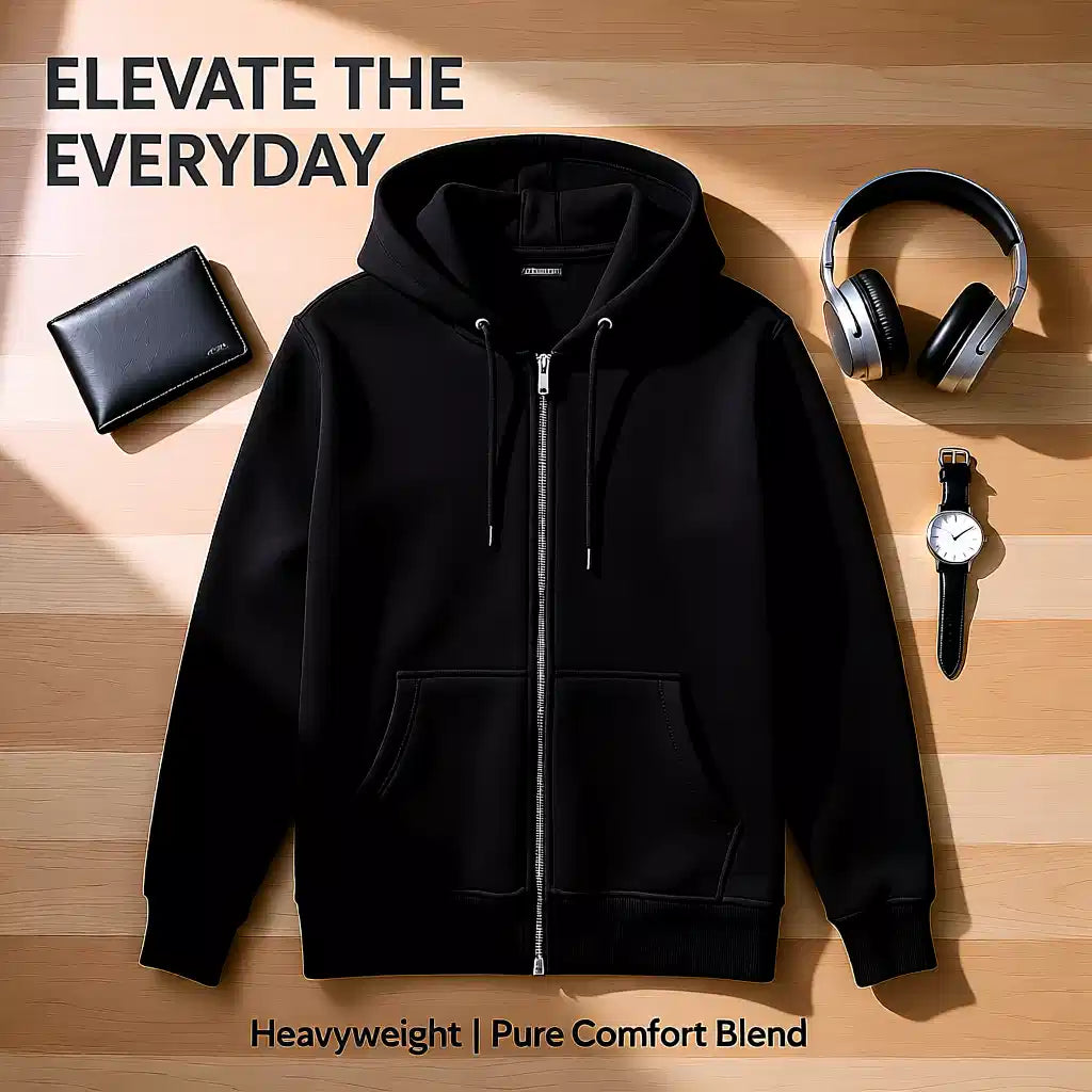 a top view of plain black zipper hoodie 