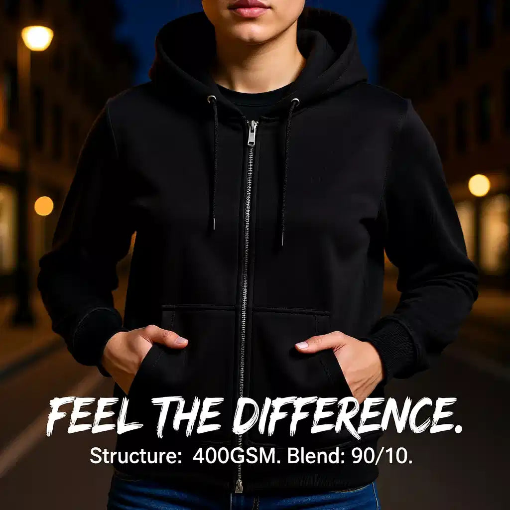 a girl wearing plain black zipper hoodie with text "Feel the Difference - Structure: 400 GSM Blend 90/10