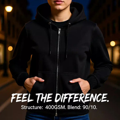 a girl wearing plain black zipper hoodie with text "Feel the Difference - Structure: 400 GSM Blend 90/10