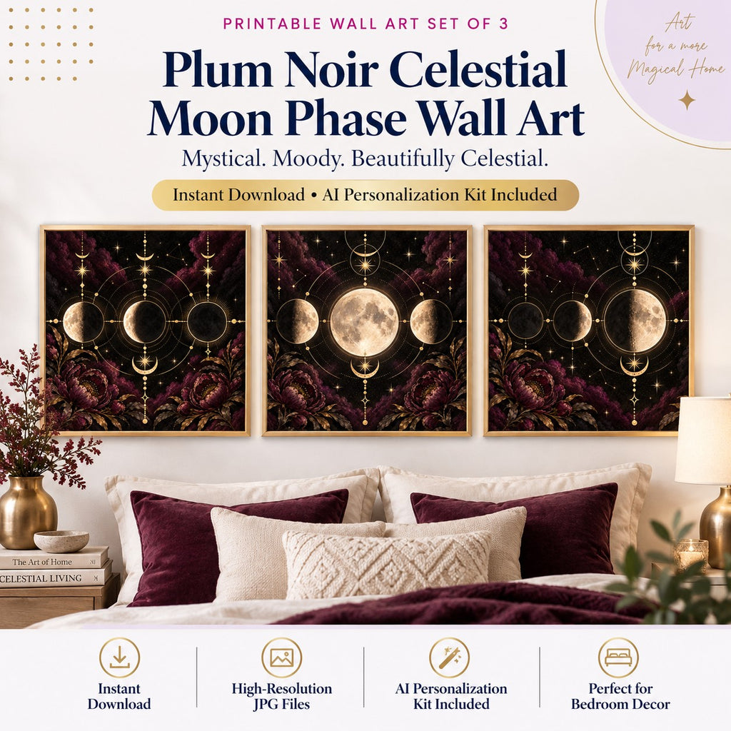 Plum Noir Celestial Moon Phase Wall Art Set of 3 + AI Personalization Kit | Instant Download