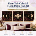 Plum Noir Celestial Moon Phase Wall Art Set of 3 + AI Personalization Kit | Instant Download