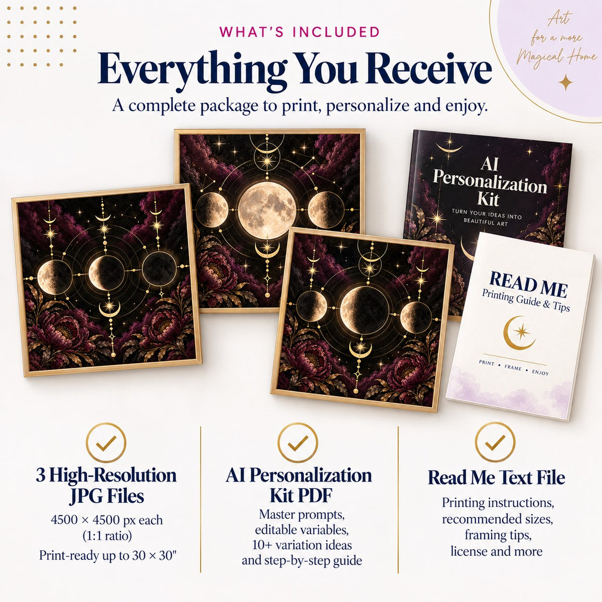 Plum Noir Celestial Moon Phase Wall Art Set of 3 + AI Personalization Kit | Instant Download