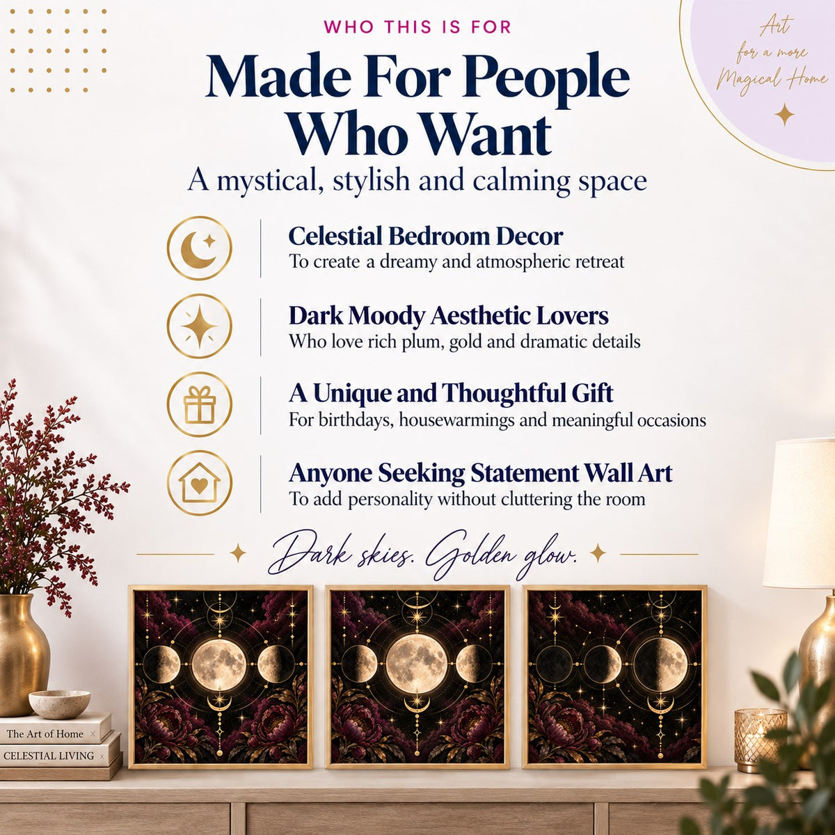 Plum Noir Celestial Moon Phase Wall Art Set of 3 + AI Personalization Kit | Instant Download