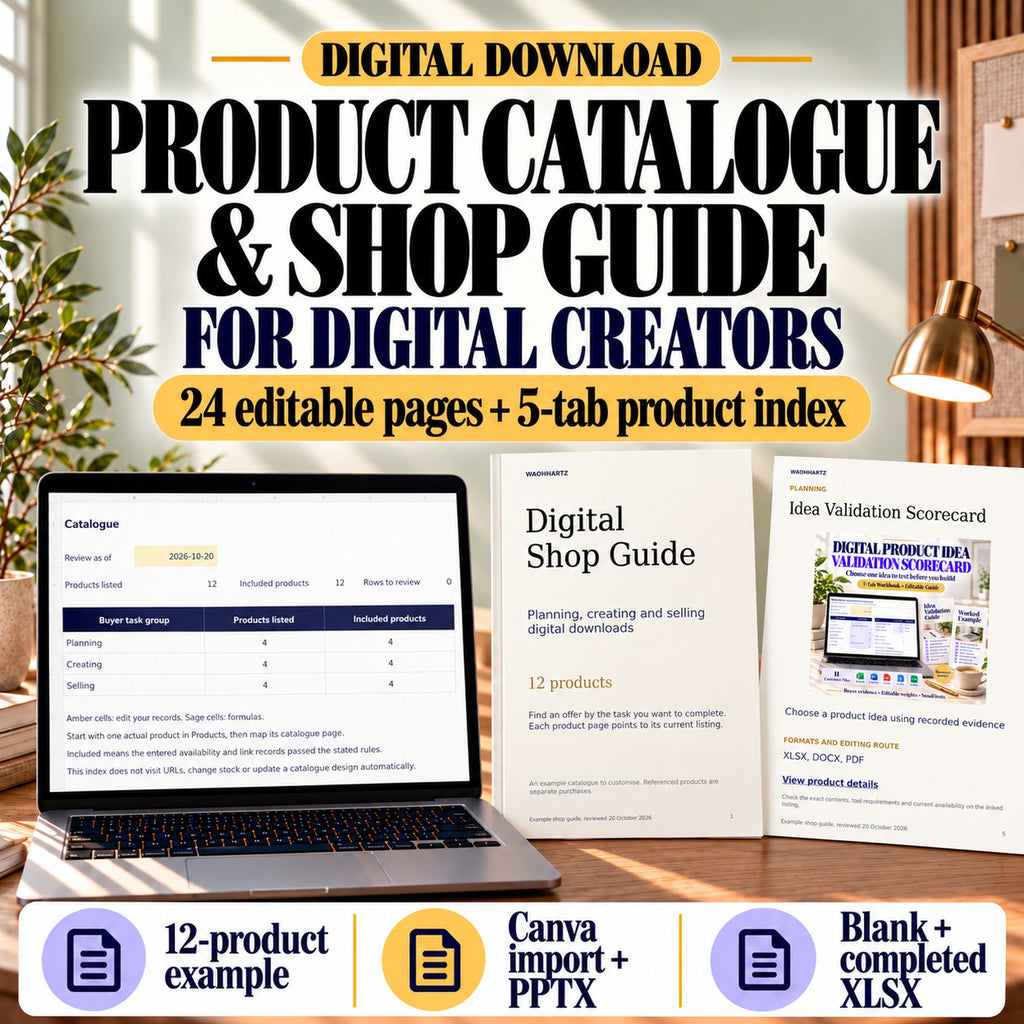 Digital product catalogue and shop guide kit with the actual 24-page cover, a product page and five-tab index preview.