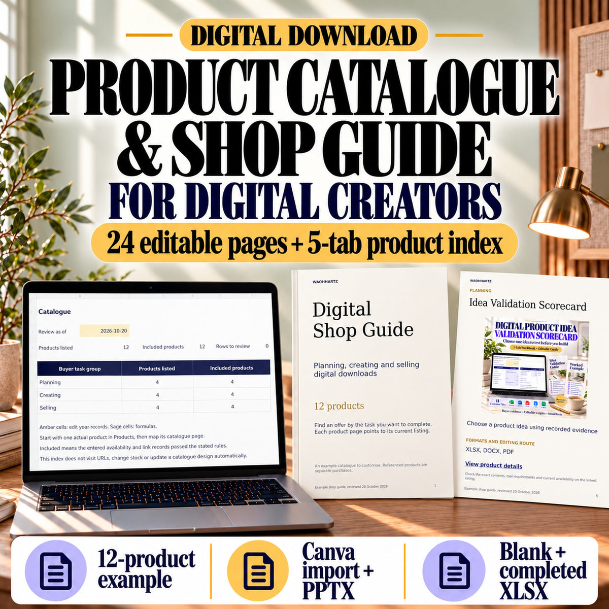 Digital product catalogue and shop guide kit with the actual 24-page cover, a product page and five-tab index preview.