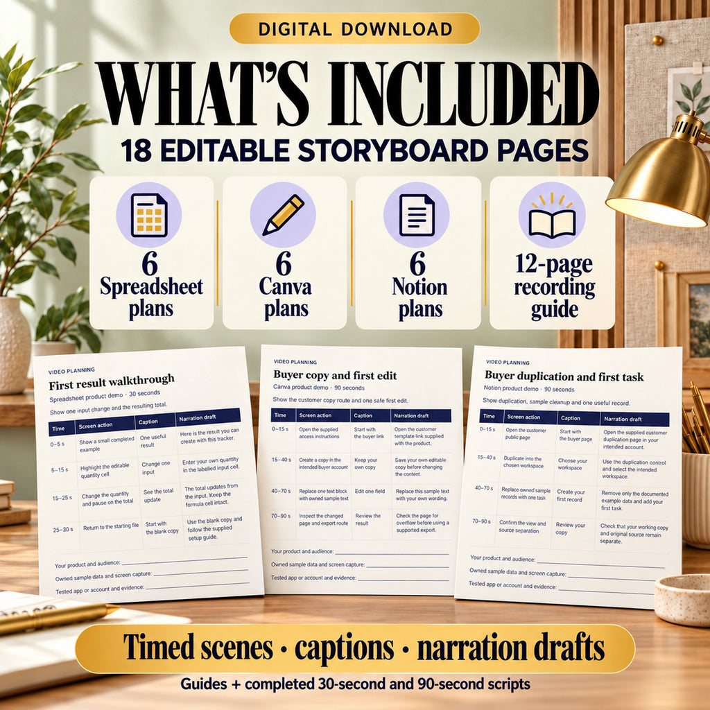 Contents of the storyboard kit showing six spreadsheet plans, six Canva plans, six Notion plans and editable recording guidance.