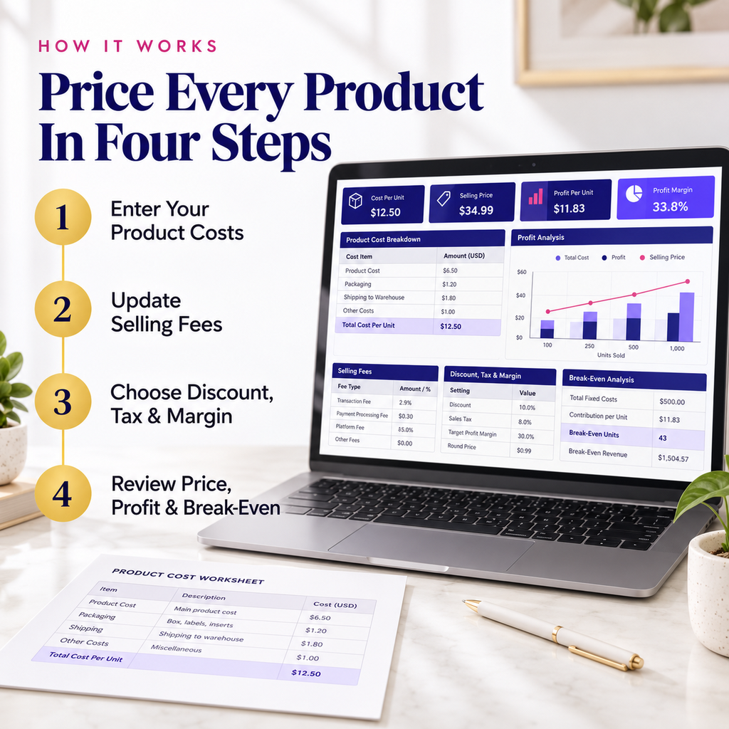 Four-step product pricing workflow: enter costs, update fees, choose discount tax and margin, then review profit and break-even.