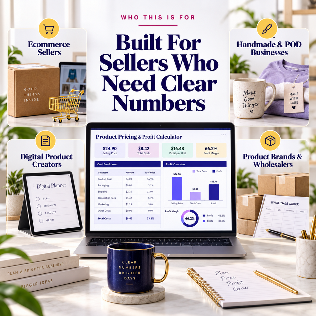 Product Pricing and Profit Calculator for ecommerce sellers, handmade and POD businesses, digital creators, brands and wholesalers.