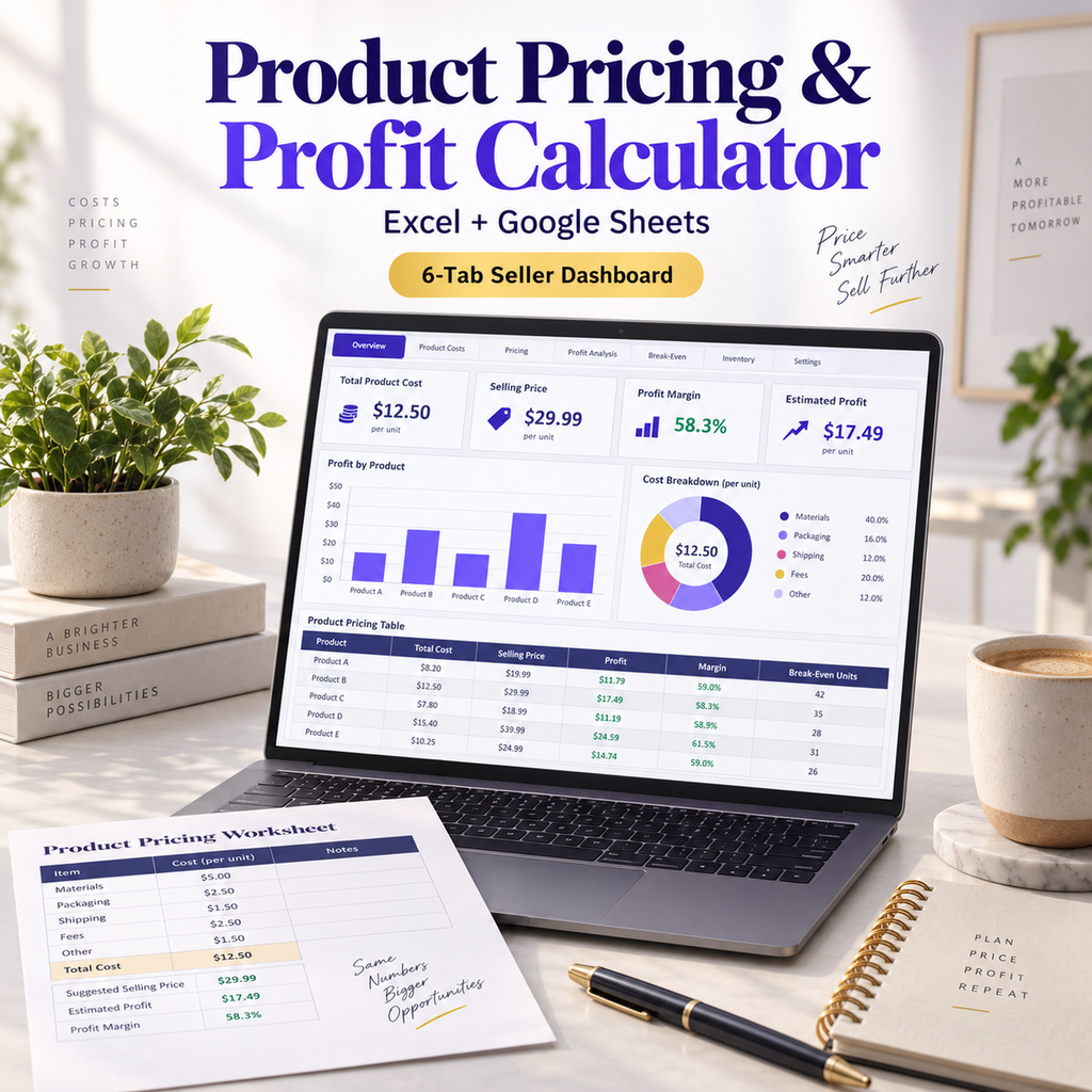 Product Pricing and Profit Calculator spreadsheet dashboard shown on a laptop with cost, selling price, margin and profit reports.
