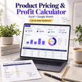 Product Pricing and Profit Calculator spreadsheet dashboard shown on a laptop with cost, selling price, margin and profit reports.