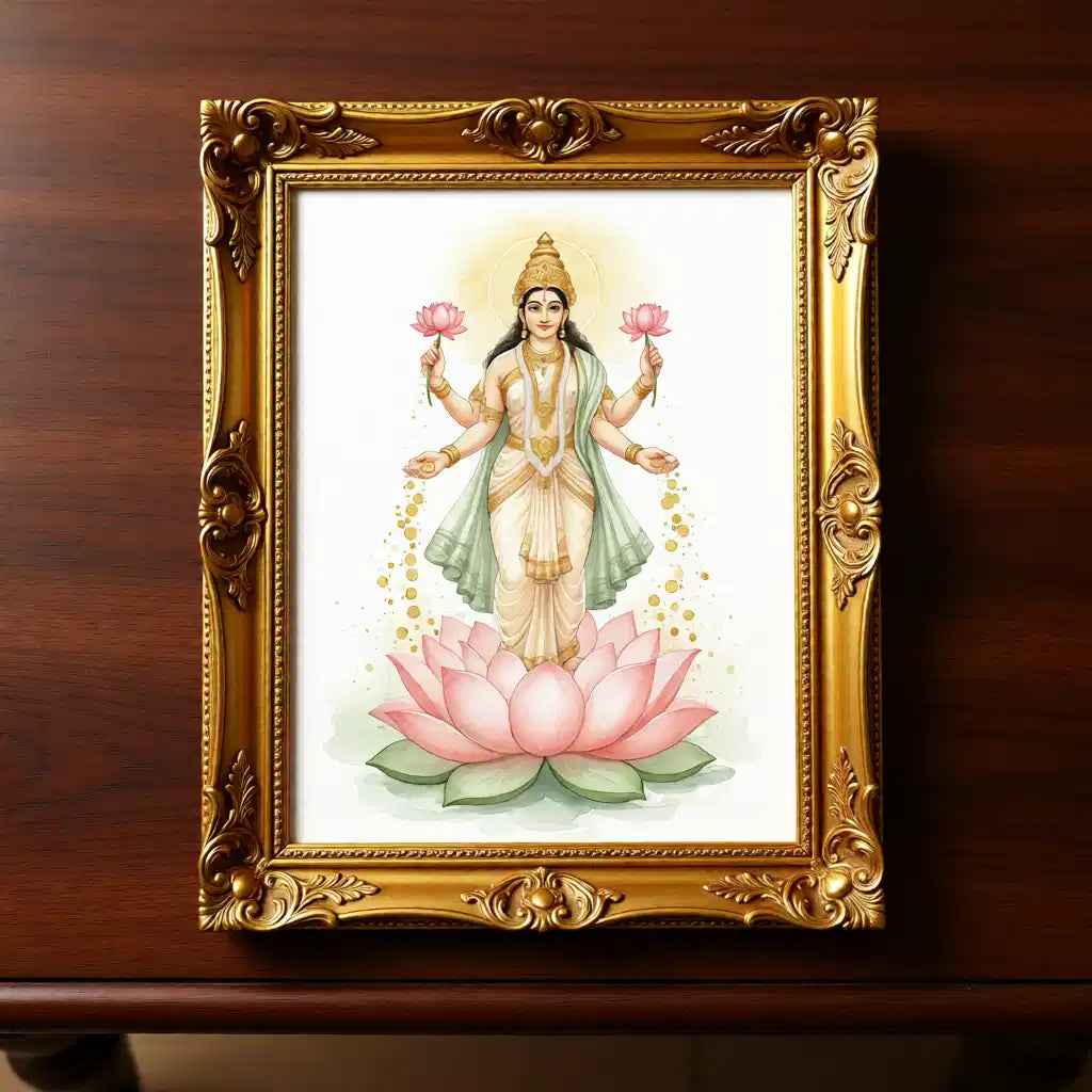 Goddess Lakshmi Art Print — Instant Download — Watercolour Style Hindu Wall Art 8x10 A4 A3 — Diwali Gift — Pooja Room Prosperity Decor
